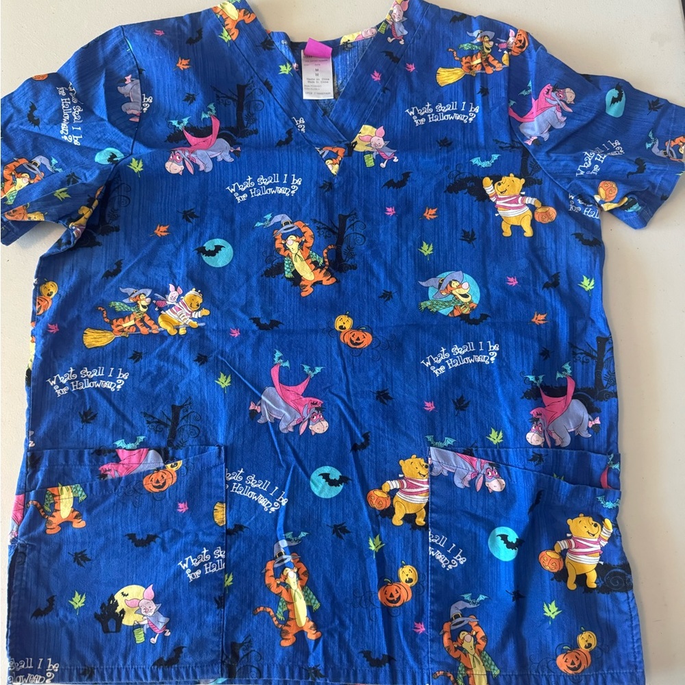 Disney Blue Winnie the Pooh Scrub Top with Halloween Print